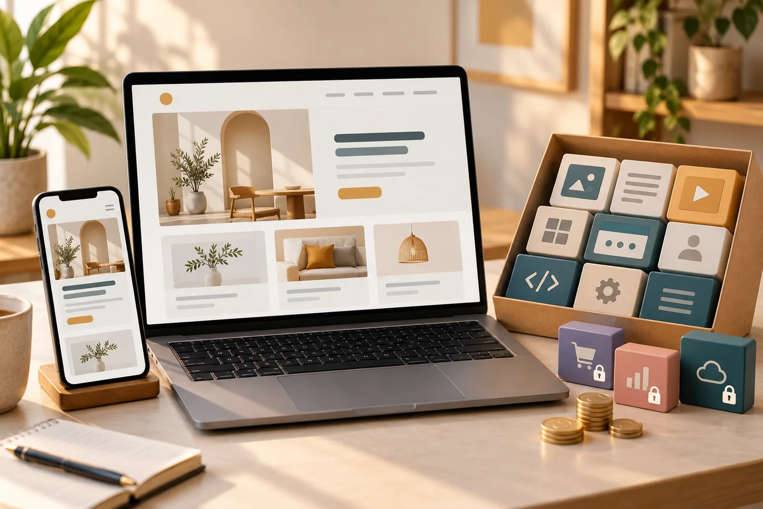 لپ‌تاپ و موبایل با طرح یک سایت ساده، کنار ماژول‌های ساخت صفحه و قابلیت‌های قفل‌شده قابل ارتقا