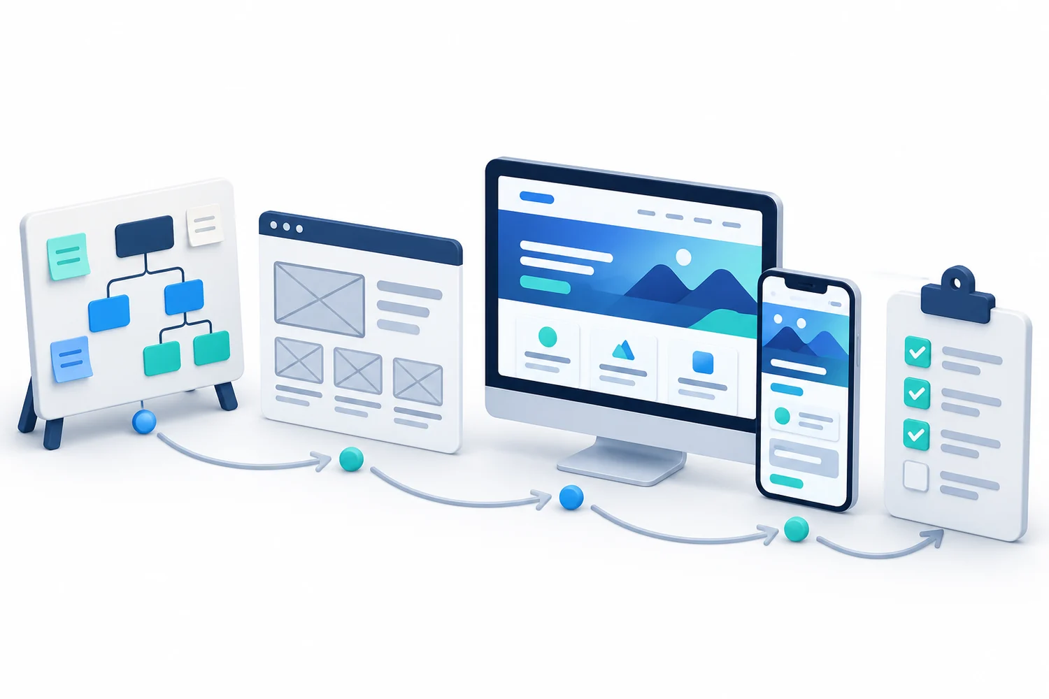 مراحل طراحی وب‌سایت از نقشه صفحات و وایرفریم تا نسخه دسکتاپ و موبایل و چک‌لیست آزمون