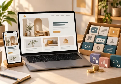 لپ‌تاپ و موبایل با طرح یک سایت ساده، کنار ماژول‌های ساخت صفحه و قابلیت‌های قفل‌شده قابل ارتقا