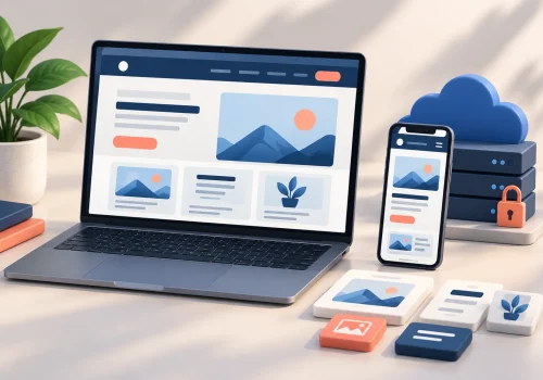 لپ‌تاپ و موبایل با صفحه وب هماهنگ، کنار بلوک‌های محتوا و نماد میزبانی امن